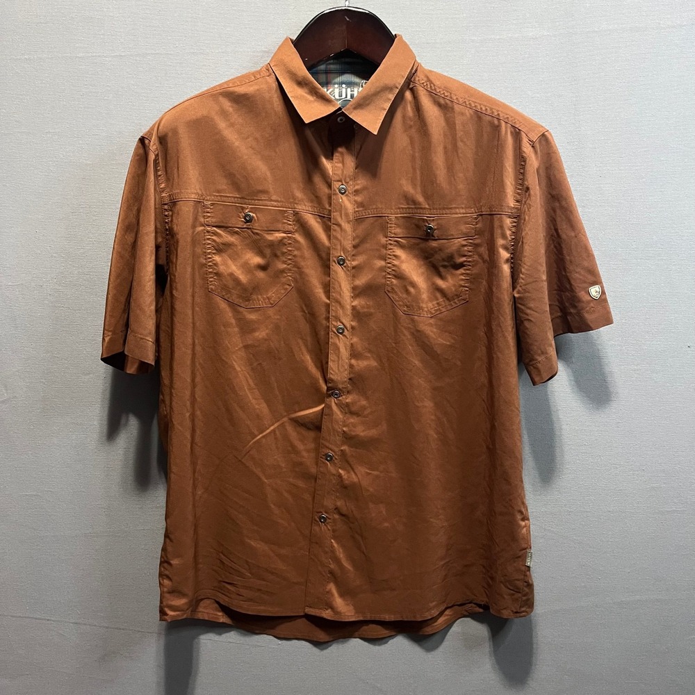 KUHL Mens XL Short Sleeve Button Down Shirt Copper Brown Outdoor Hiking Utility